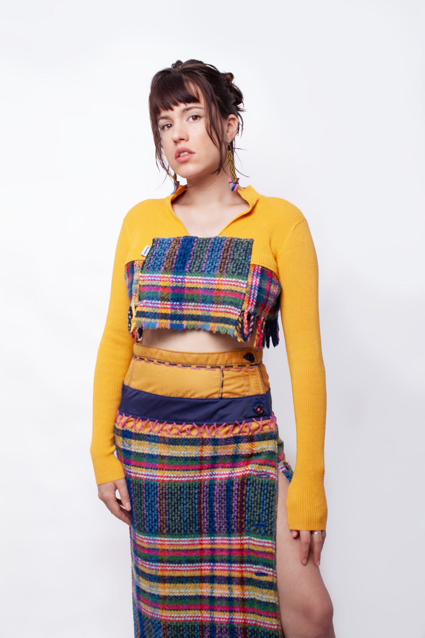 Tartan wool yellow long Skirt