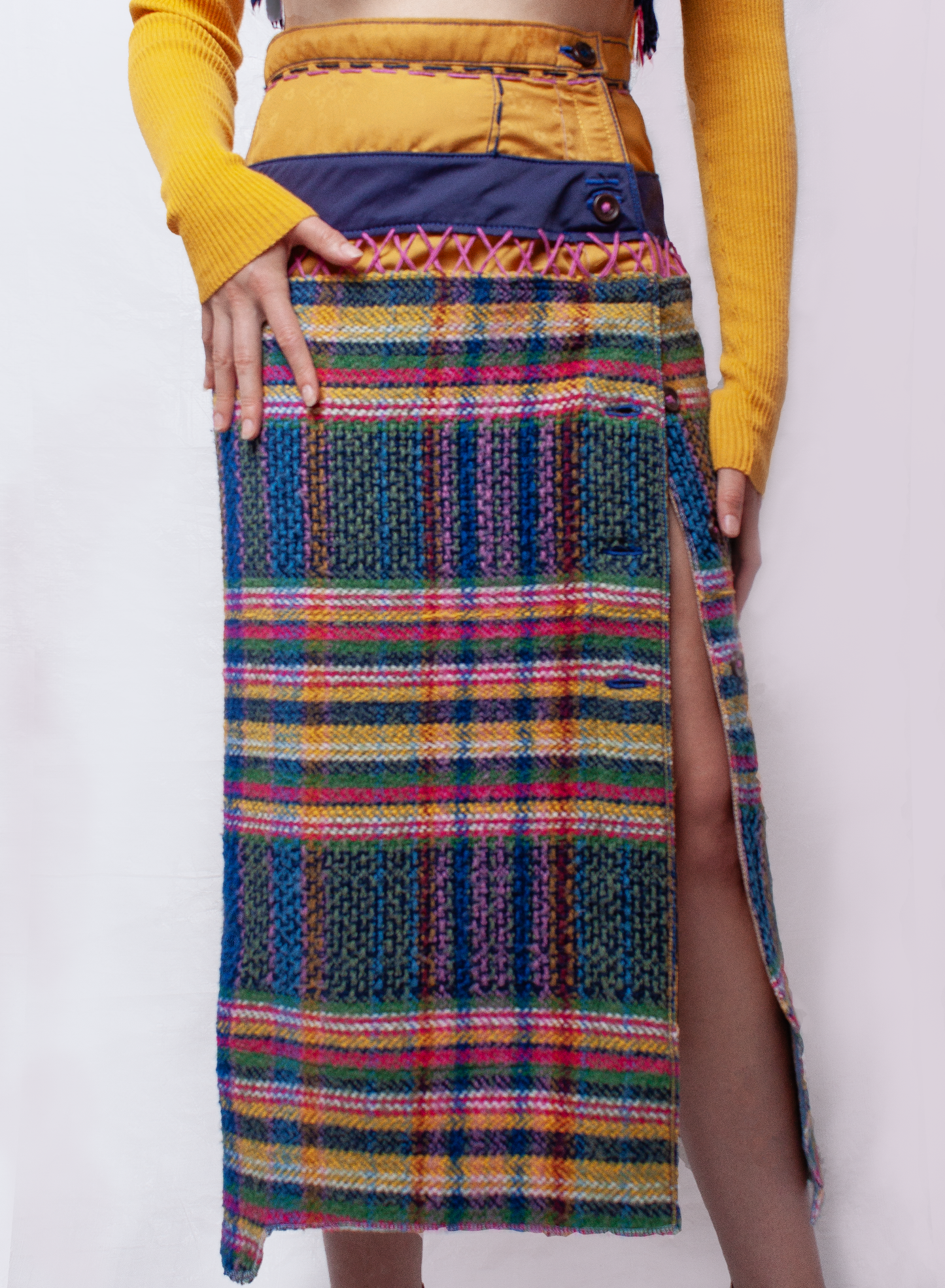 Tartan wool yellow long Skirt
