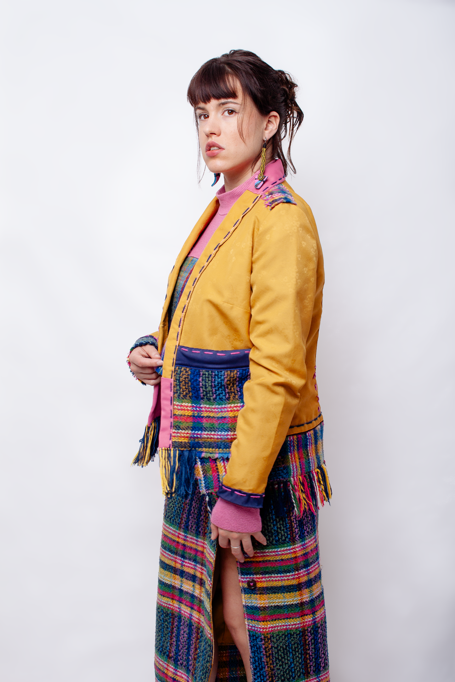 Tartan wool yellow long Skirt