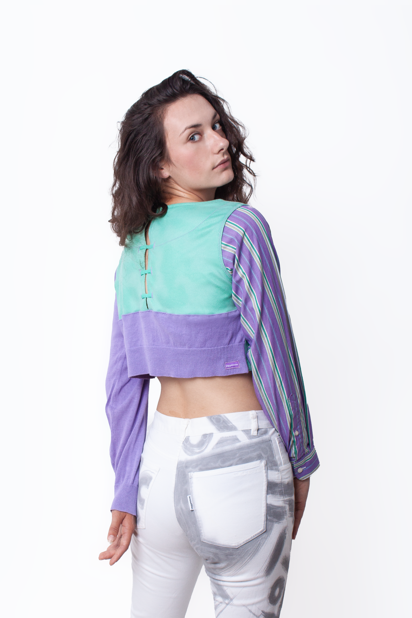 Asymmetric turquoise and purple crop sweatshirt