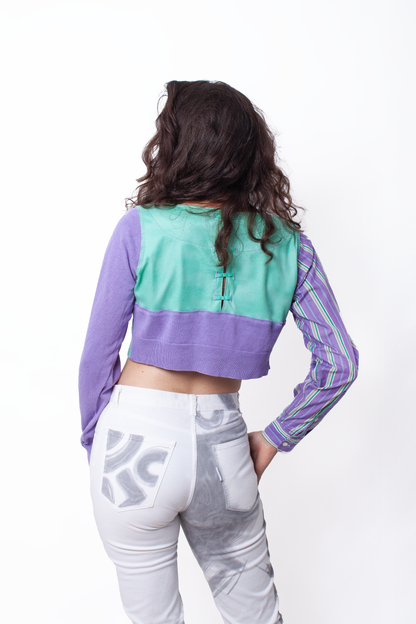 Asymmetric turquoise and purple crop sweatshirt