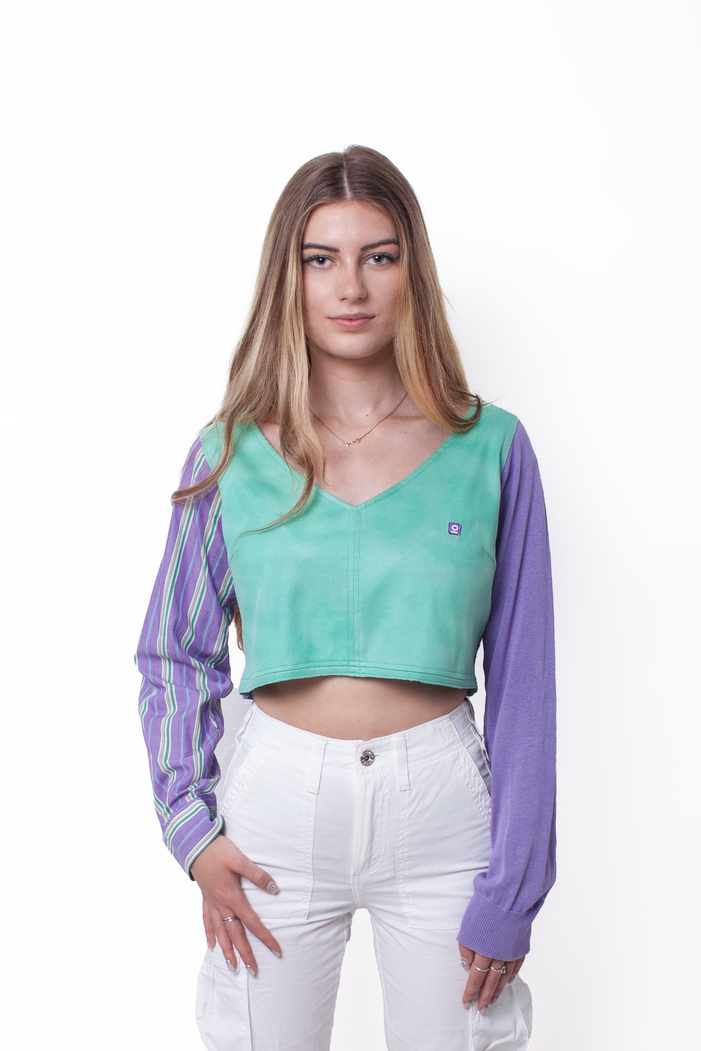 Asymmetric turquoise and purple crop sweatshirt