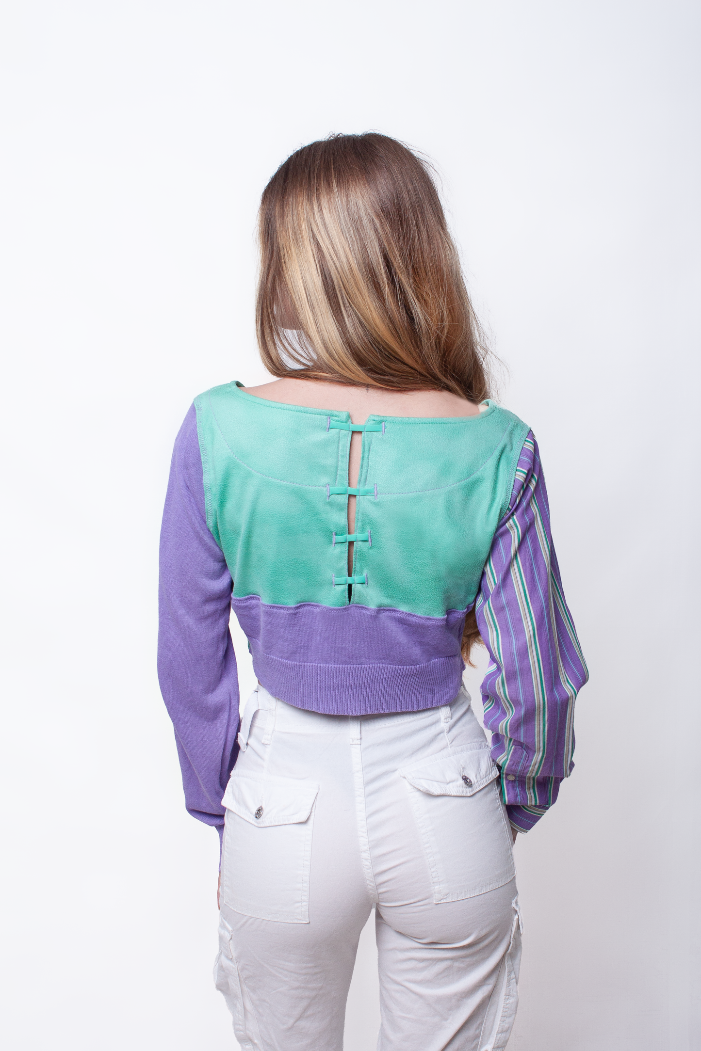 Asymmetric turquoise and purple crop sweatshirt