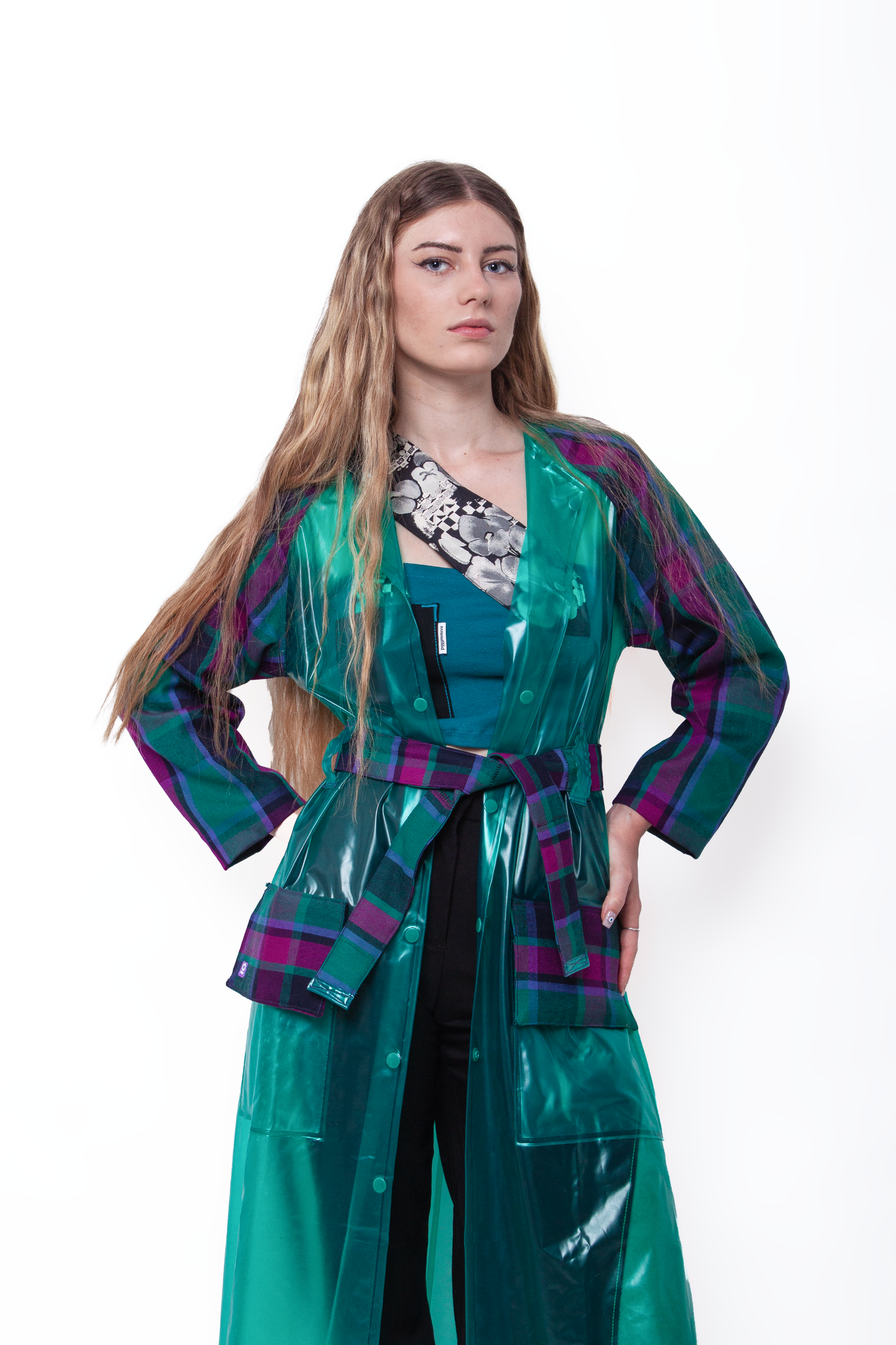 Translucid green and tartan trench