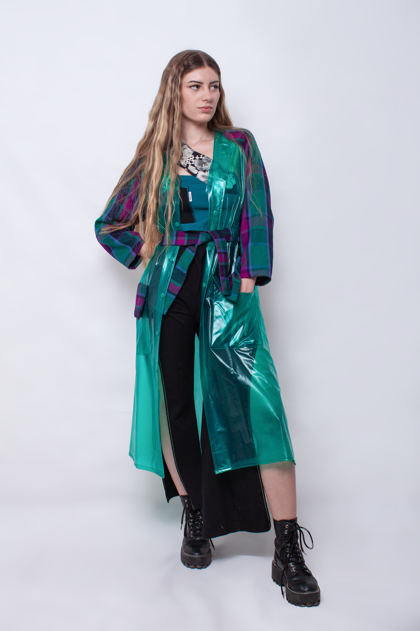 Translucid green and tartan trench