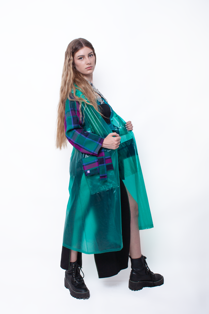 Translucid green and tartan trench