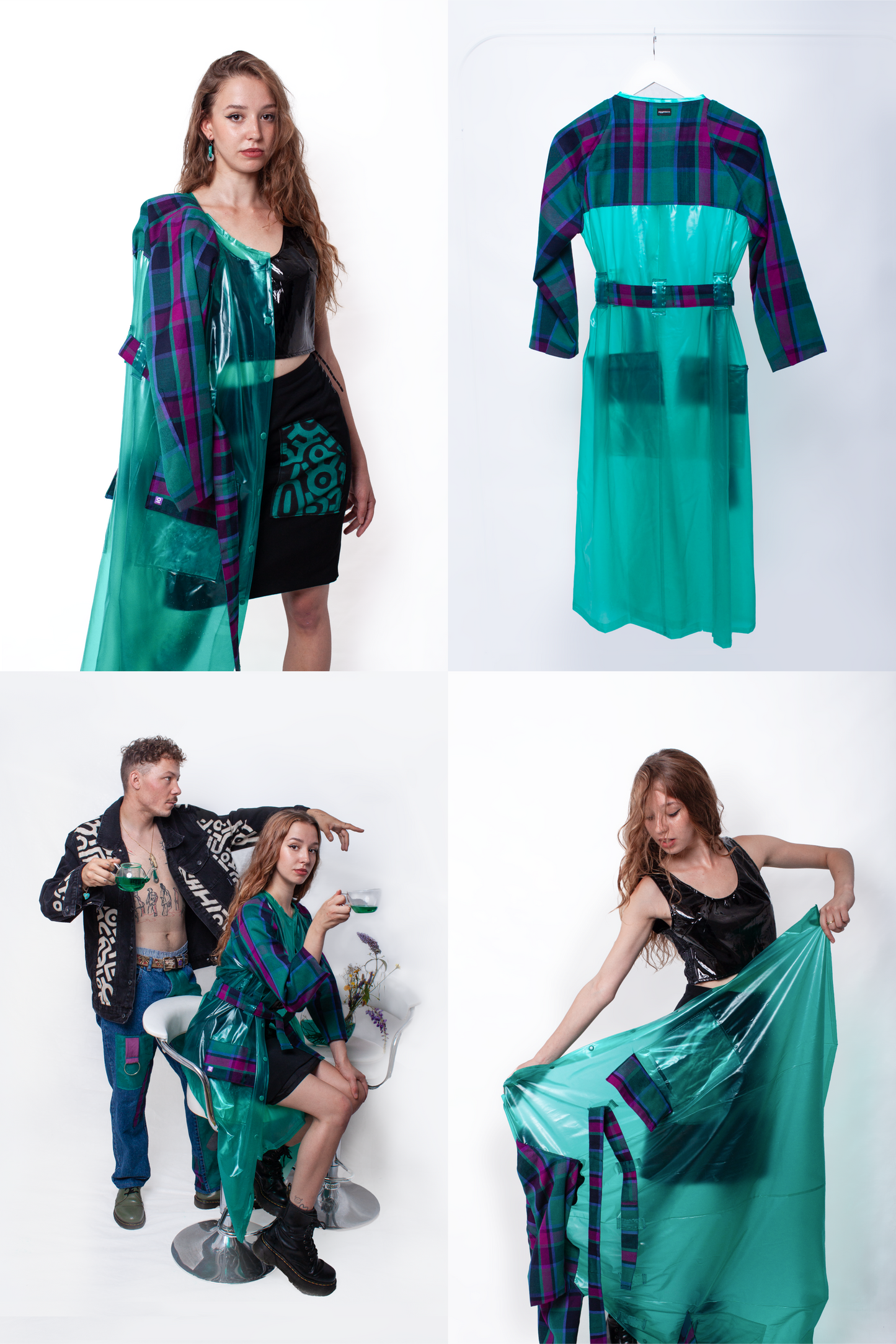 Translucid green and tartan trench