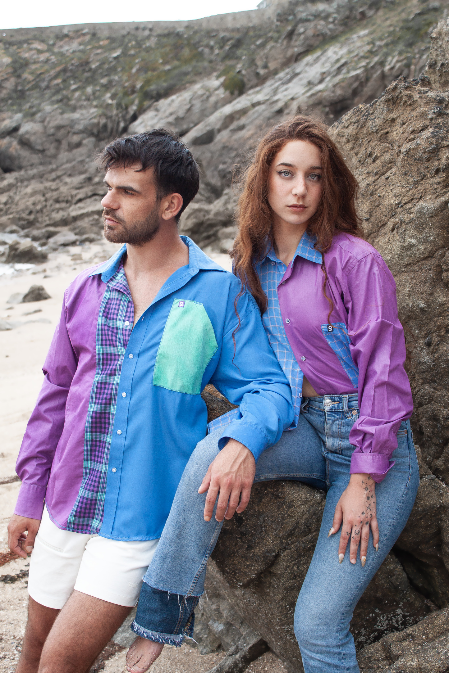Blue and purple tartan asymmetric Shirt