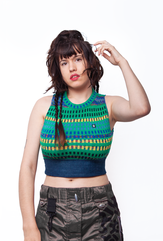 Green and jean wool crop top