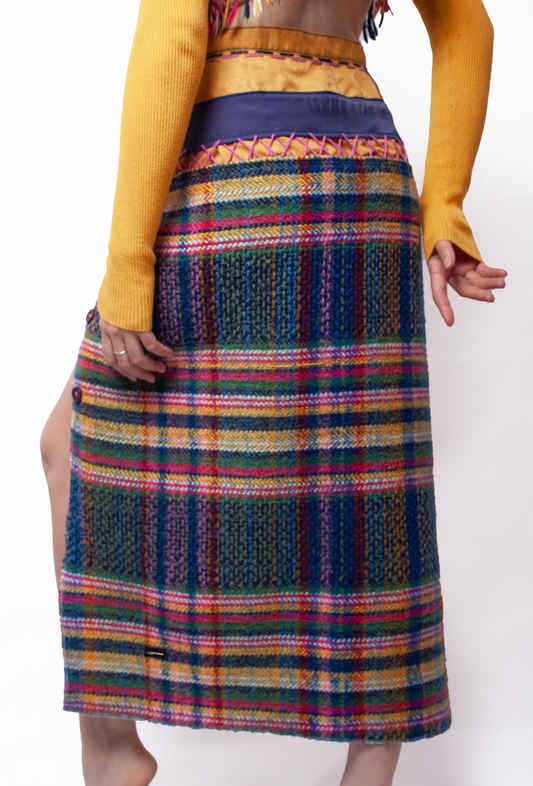 Tartan wool yellow long Skirt