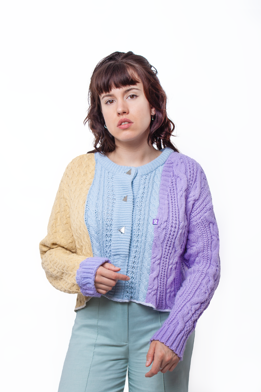 Tricolor pastel sweater with triangular buttons