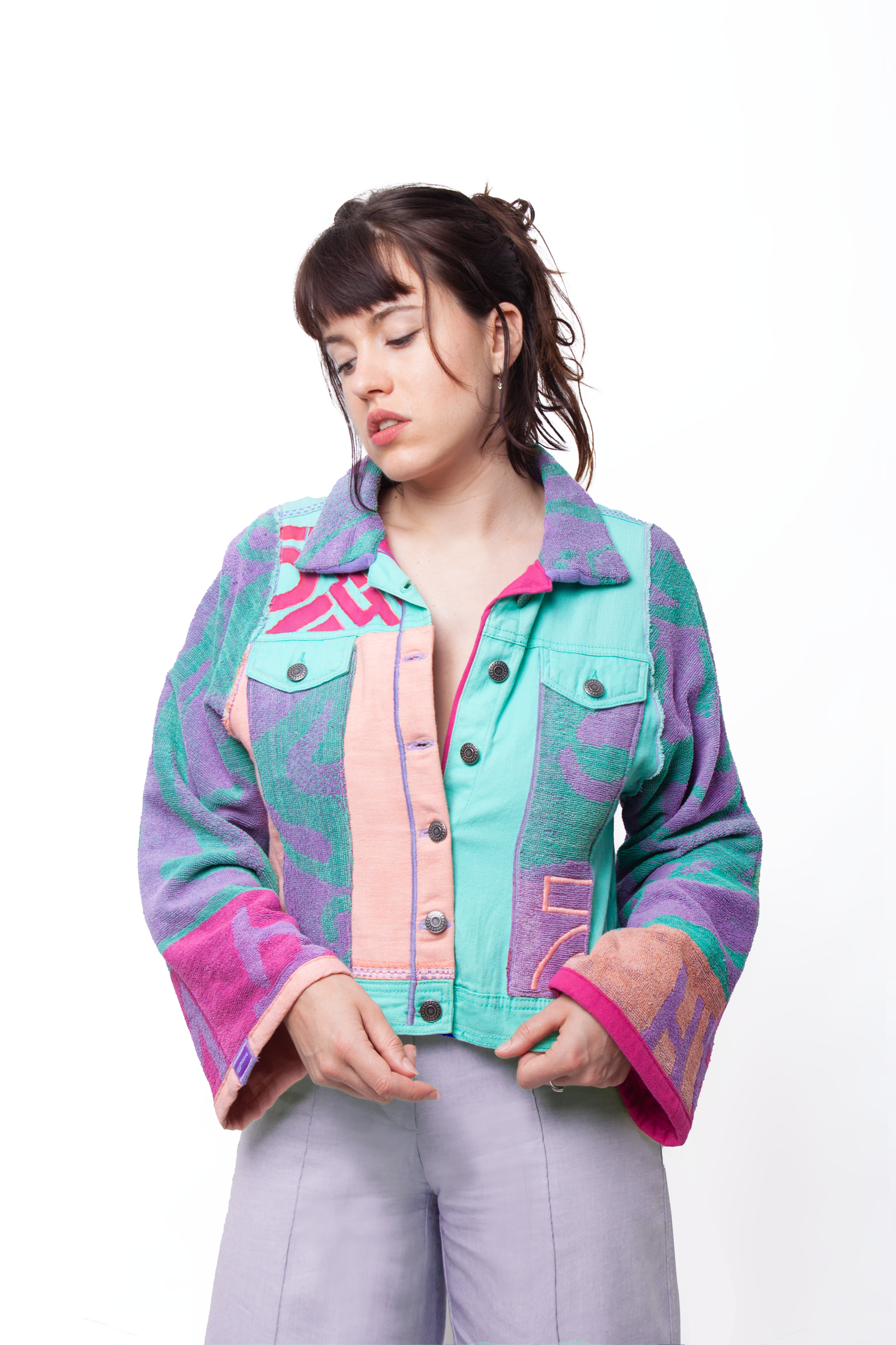 Turquoise, purple and pink terry cloth jacket