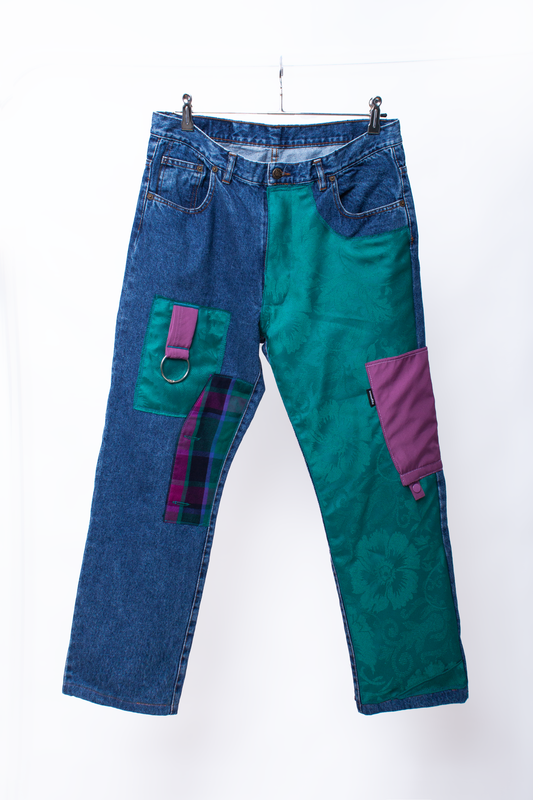 Asymetrique denim and green pants