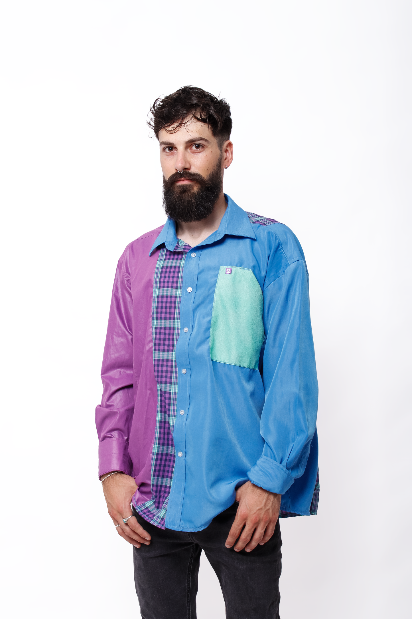 Blue and purple tartan asymmetric Shirt